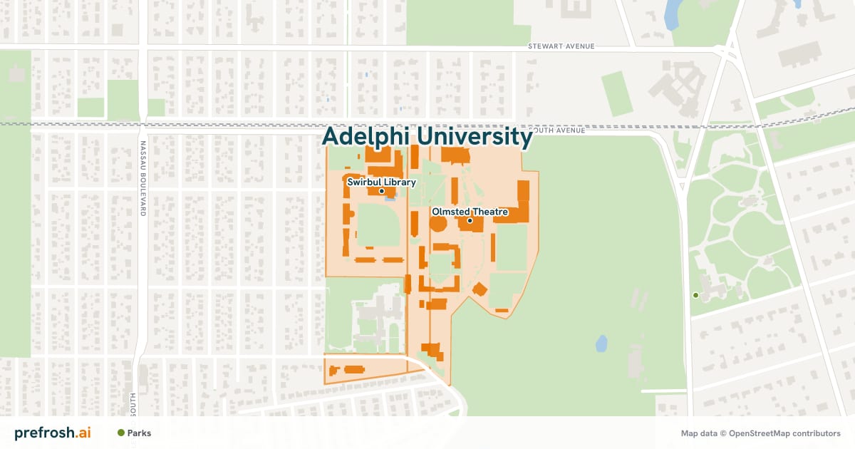Campus map of Adelphi University in Garden City, NY, showing Olmsted Theatre and Swirbul Library, with nearby restaurants, coffee and shops