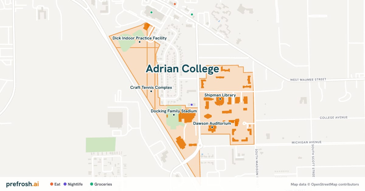 Campus map of Adrian College in Adrian, MI, showing Docking Family Stadium, Merillat Sport and Fitness Center, Craft Tennis Complex and Shipman Library, with nearby restaurants, coffee and shops