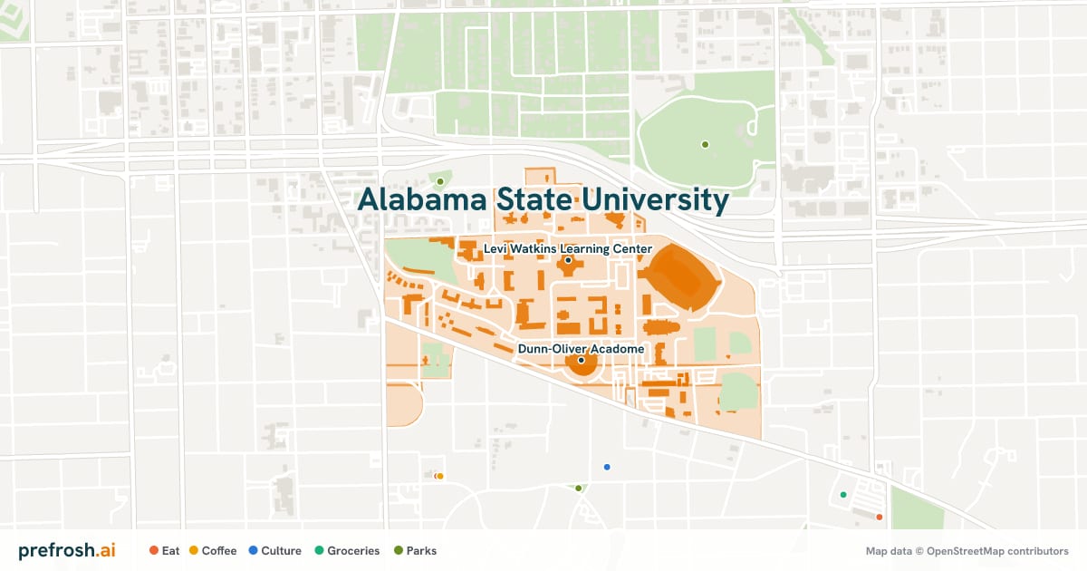 Campus map of Alabama State University in Montgomery, AL, showing Levi Watkins Learning Center and George H. Lockheart Gym & Pool, with nearby restaurants, coffee and shops