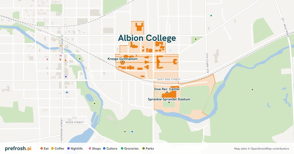 Campus map of Albion College in Albion, MI, showing Dow Rec. Center, Kresge Gymnasium and Albion College Library, with nearby restaurants, coffee and shops