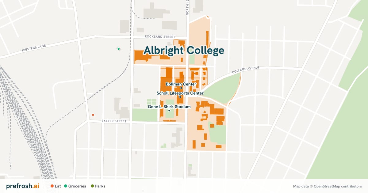 Campus map of Albright College in Reading, PA, showing Scholl Lifesports Center, Bollman Center and Gene L. Shirk Stadium, with nearby restaurants, coffee and shops