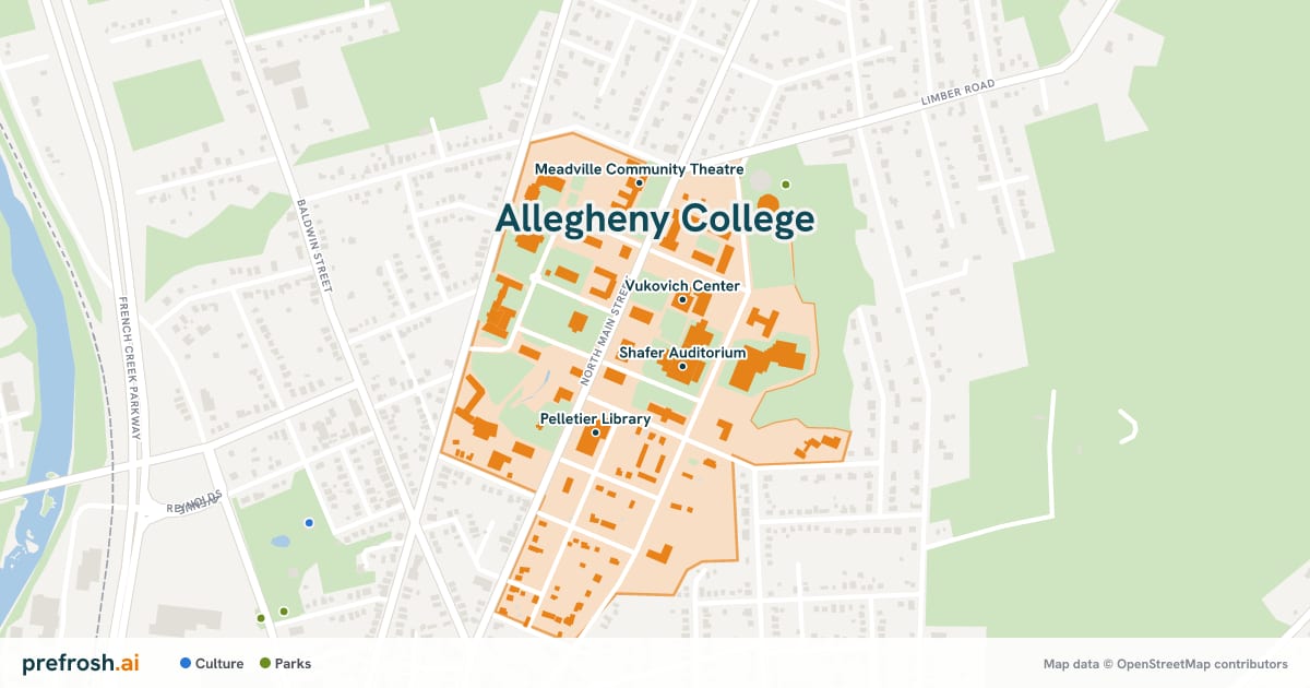 Campus map of Allegheny College in Meadville, PA, showing Shafer Auditorium, Montgomery Gym, Vukovich Center and Wise Sport and Fitness Center, with nearby restaurants, coffee and shops