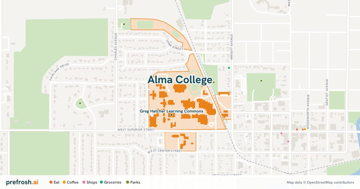 Campus map of Alma College in Alma, MI, showing Alan J. Stone Center for Recreation, with nearby restaurants, coffee and shops