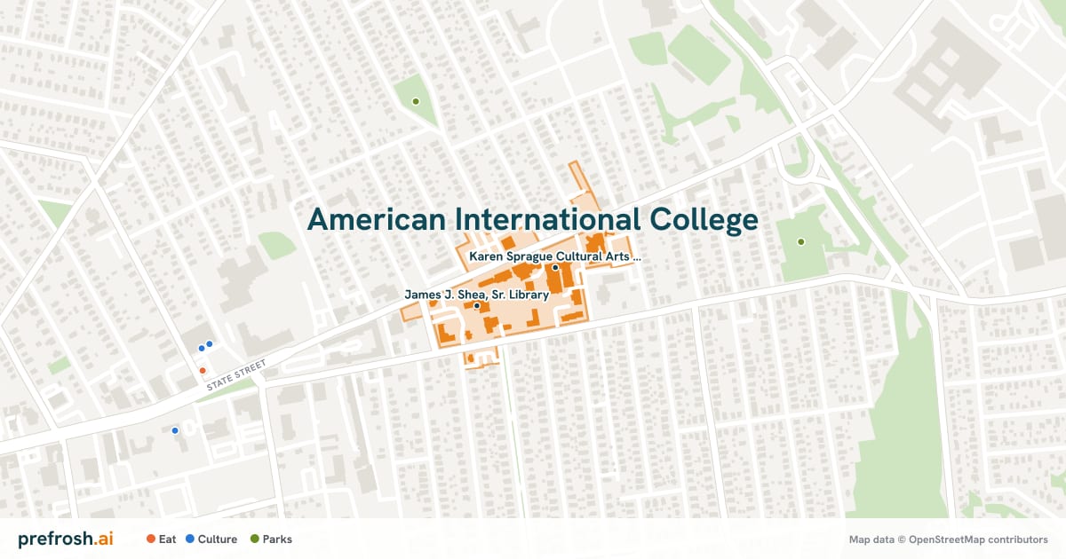 Campus map of American International College in Springfield, MA, showing Karen Sprague Cultural Arts Center and Esther B. Griswold Theatre, with nearby restaurants, coffee and shops