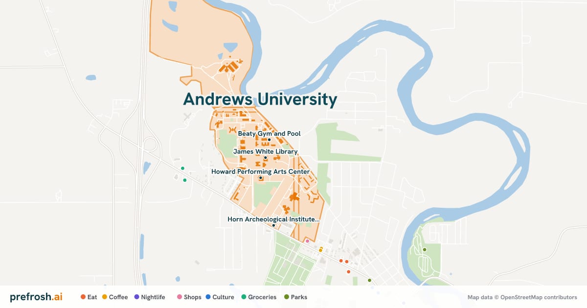 Campus map of Andrews University in Berrien Springs, MI, showing James White Library, Center for Adventist Research, Beaty Gym and Pool and Howard Performing Arts Center, with nearby restaurants, coffee and shops