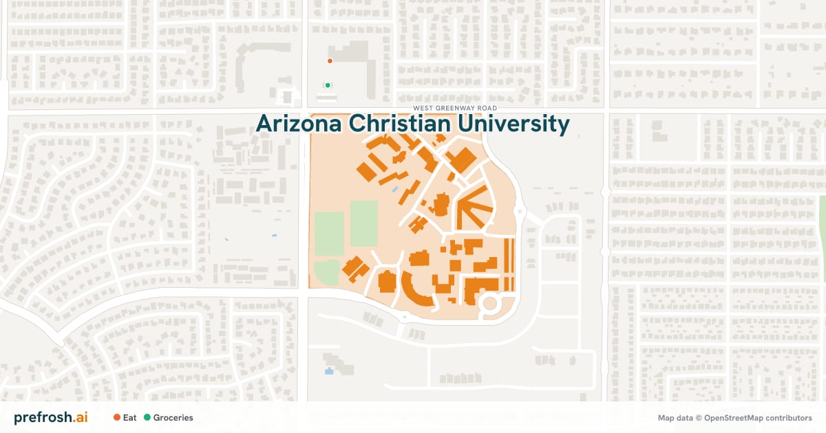 Campus map of Arizona Christian University in Glendale, AZ, with nearby restaurants, coffee and shops