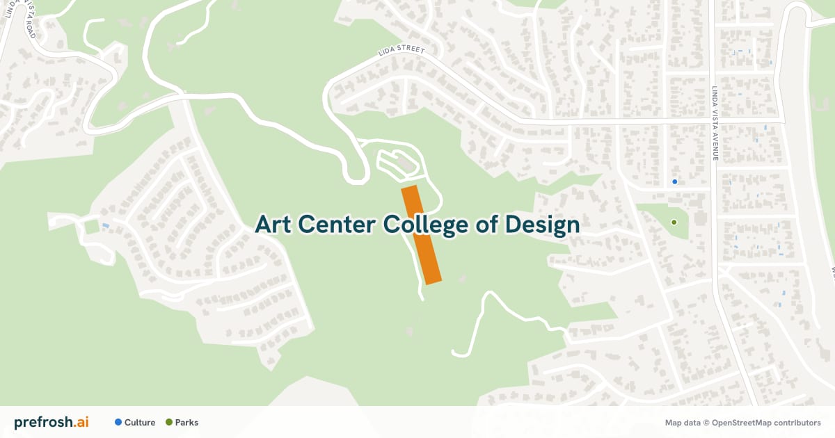 Campus map of Art Center College of Design in Pasadena, CA, showing James Lemont Fogg Memorial Library and Ahmanson Auditorium, with nearby restaurants, coffee and shops