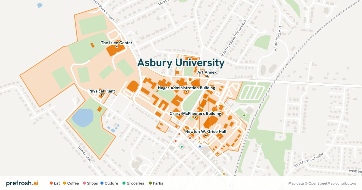 Campus map of Asbury University in Wilmore, KY, showing Hager Administration Building, Z. T. Johnson Cafeteria, Glide-Crawford Hall and Crary-McPheeters Building, with nearby restaurants, coffee and shops