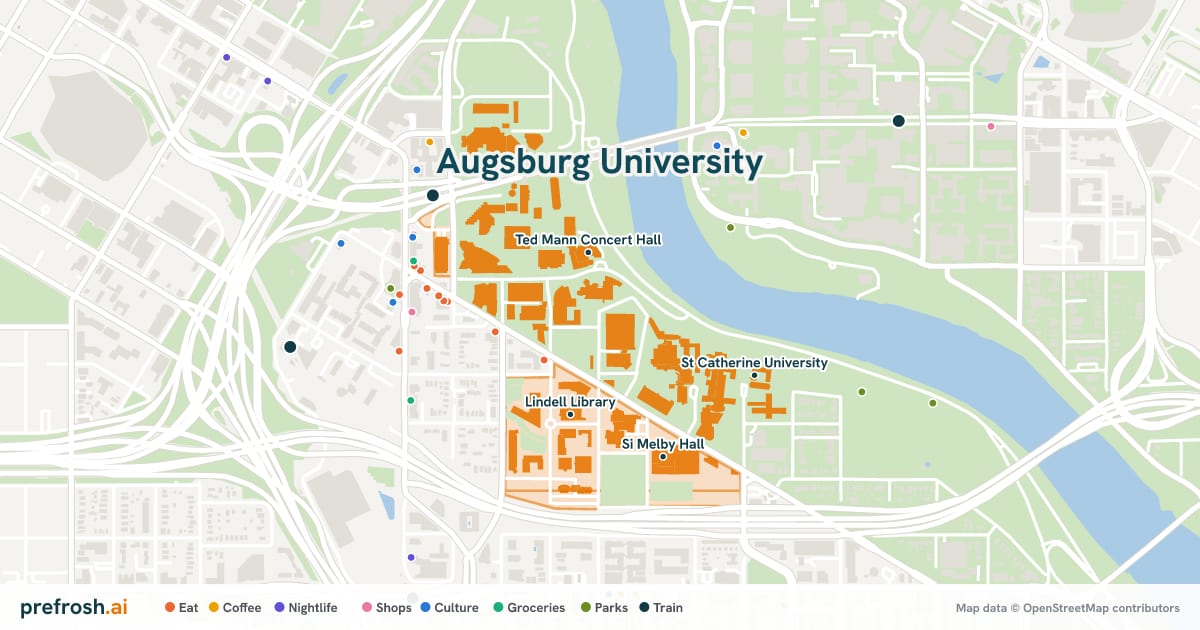 Campus map of Augsburg University in Minneapolis, MN, showing Ted Mann Concert Hall, Music Library, Lindell Library and O. Meredith Wilson Library, with nearby restaurants, coffee and shops