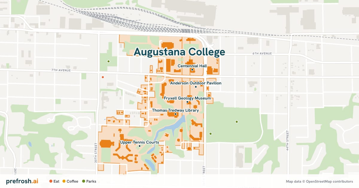 Campus map of Augustana College in Rock Island, IL, showing Fryxell Geology Museum, Anderson Outdoor Pavilion, Thomas Tredway Library and Centennial Hall, with nearby restaurants, coffee and shops