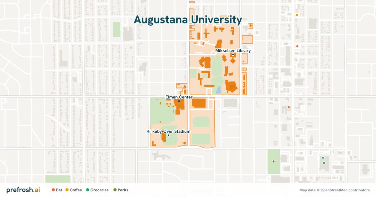 Campus map of Augustana University in Sioux Falls, SD, showing Elmen Center, Hall Football Complex and Kirkeby-Over Stadium, with nearby restaurants, coffee and shops