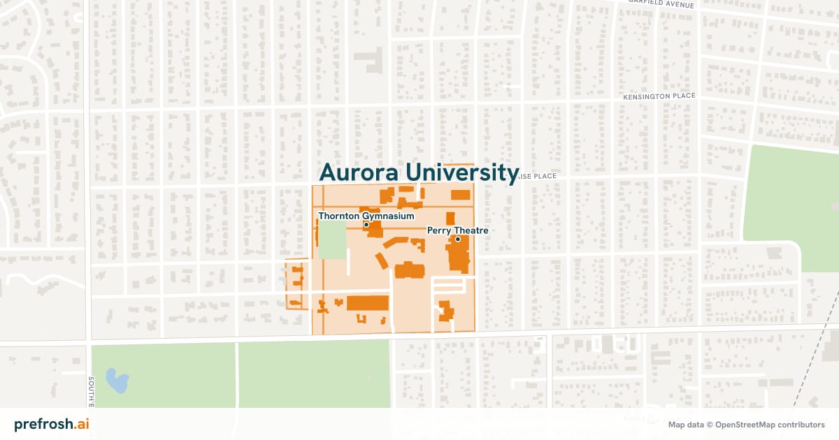 Campus map of Aurora University in Aurora, IL, showing Perry Theatre and Charles B. Phillips Library, with nearby restaurants, coffee and shops