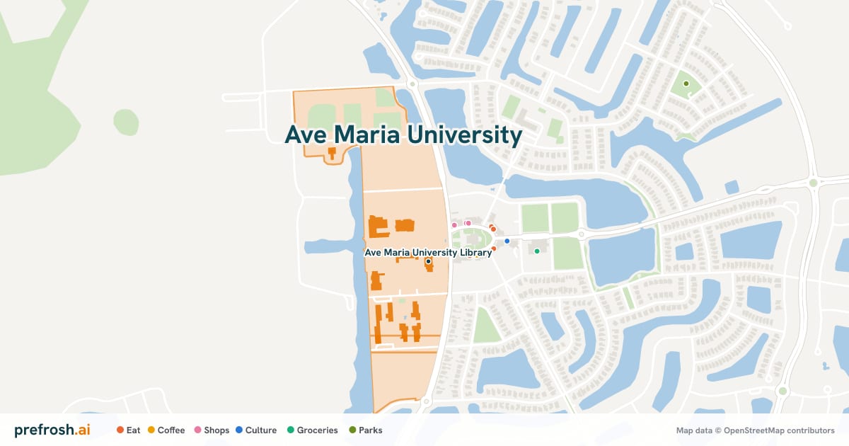 Campus map of Ave Maria University in Ave Maria, FL, showing Ave Maria University Library, with nearby restaurants, coffee and shops