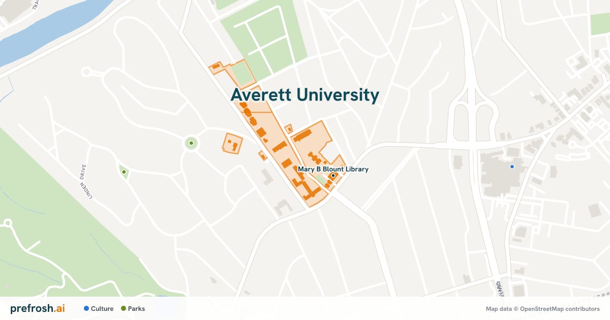 Campus map of Averett University in Danville, VA, showing Mary B Blount Library, with nearby restaurants, coffee and shops