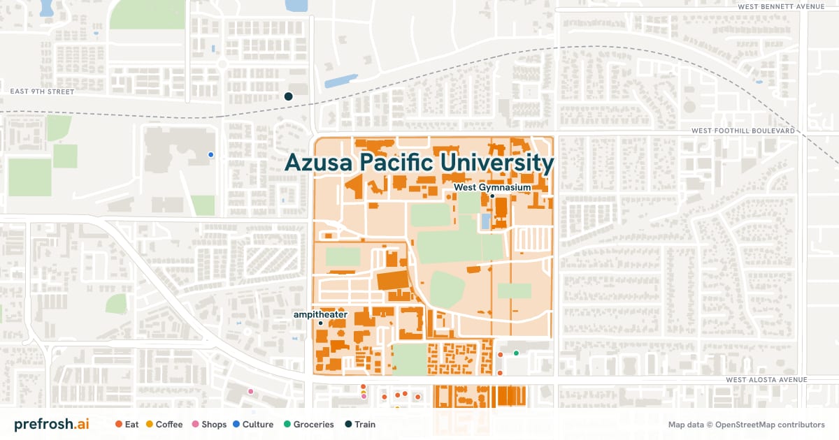 Campus map of Azusa Pacific University in Azusa, CA, showing Citrus College and Hayden Library, with nearby restaurants, coffee and shops