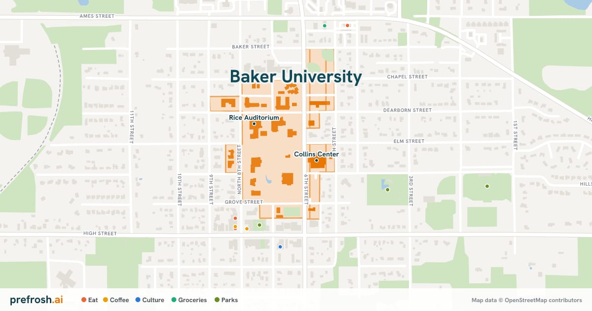 Campus map of Baker University in Baldwin City, KS, showing Collins Center and Palmyra Post Office, with nearby restaurants, coffee and shops