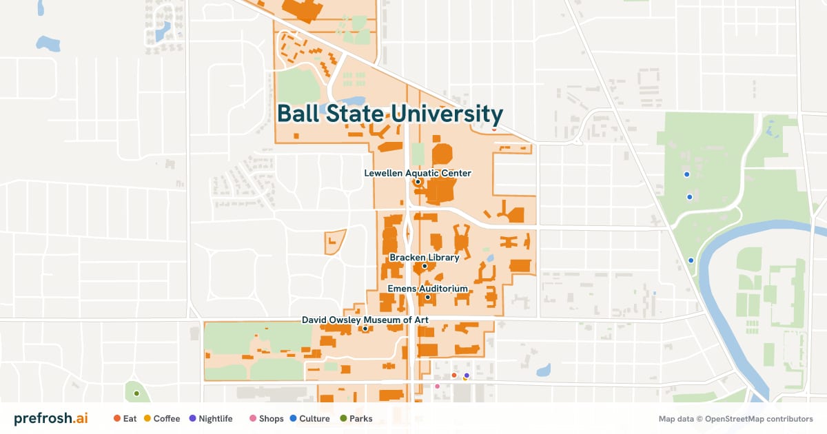 Campus map of Ball State University in Muncie, IN, showing Lewellen Aquatic Center, Bracken Library, Field Sports and Pruis Hall, with nearby restaurants, coffee and shops