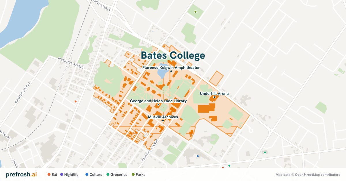 Campus map of Bates College in Lewiston, ME, showing Florence Keigwin Amphitheater, George and Helen Ladd Library, Coram Library and Bates College Museum of Art, with nearby restaurants, coffee and shops