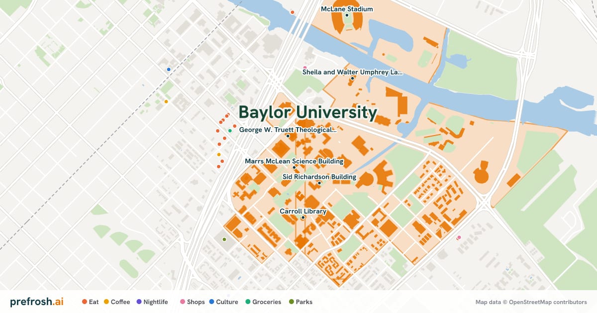 Campus map of Baylor University in Waco, TX, showing Marrs McLean Science Building, George W. Truett Theological Seminary, Sid Richardson Building and Penland Residence Hall, with nearby restaurants, coffee and shops