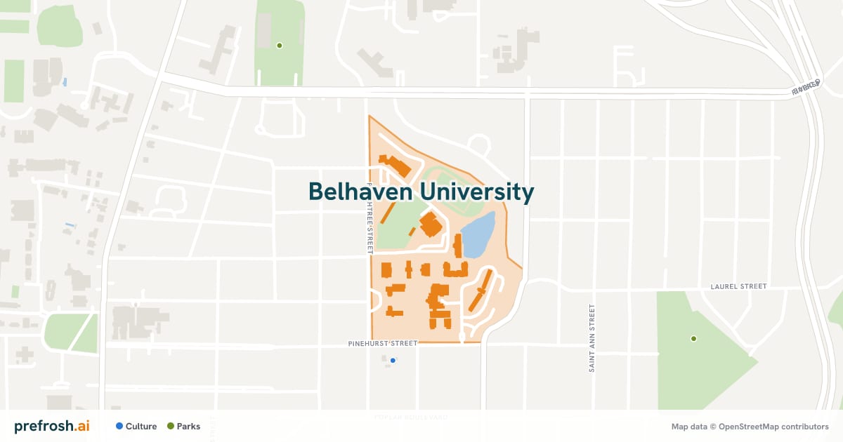 Campus map of Belhaven University in Jackson, MS, showing Belhaven Bowl, with nearby restaurants, coffee and shops