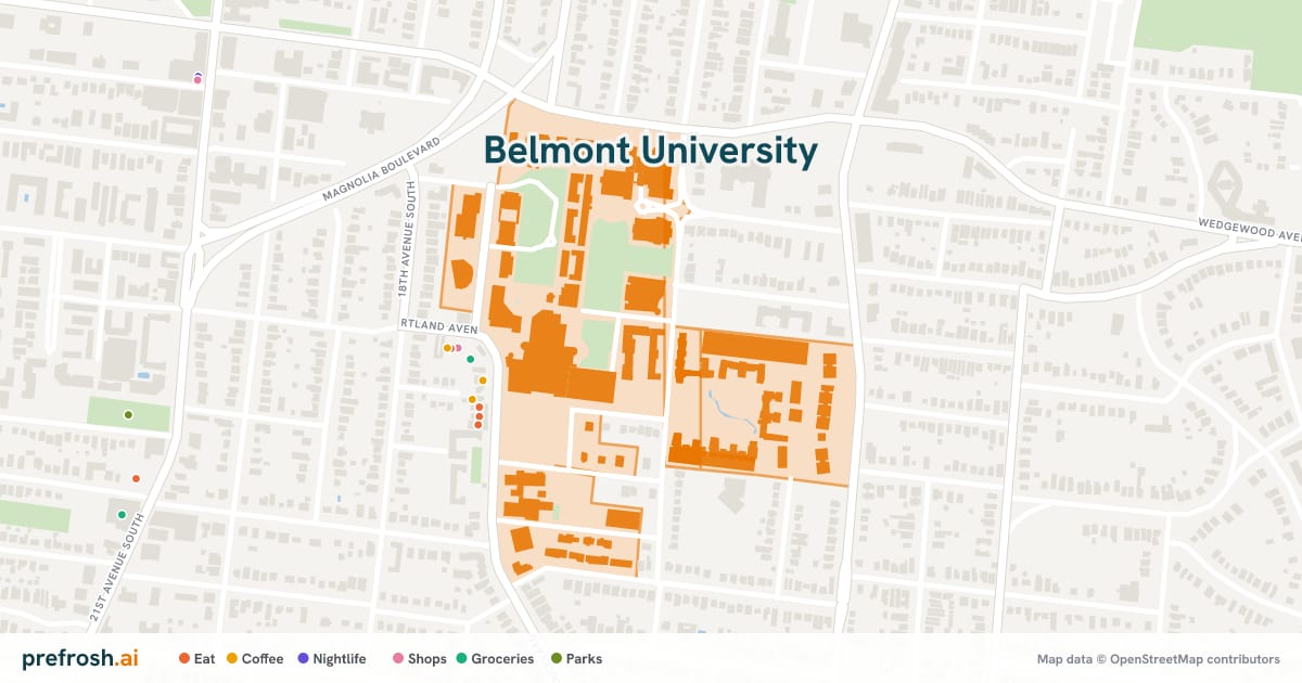 Campus map of Belmont University in Nashville, TN, with nearby restaurants, coffee and shops