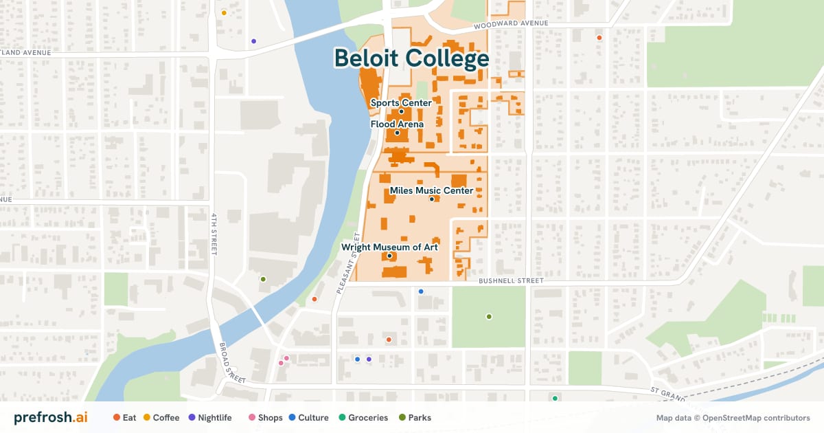 Campus map of Beloit College in Beloit, WI, showing Miles Music Center, Eaton Chapel, Wright Museum of Art and Logan Museum of Anthropology, with nearby restaurants, coffee and shops