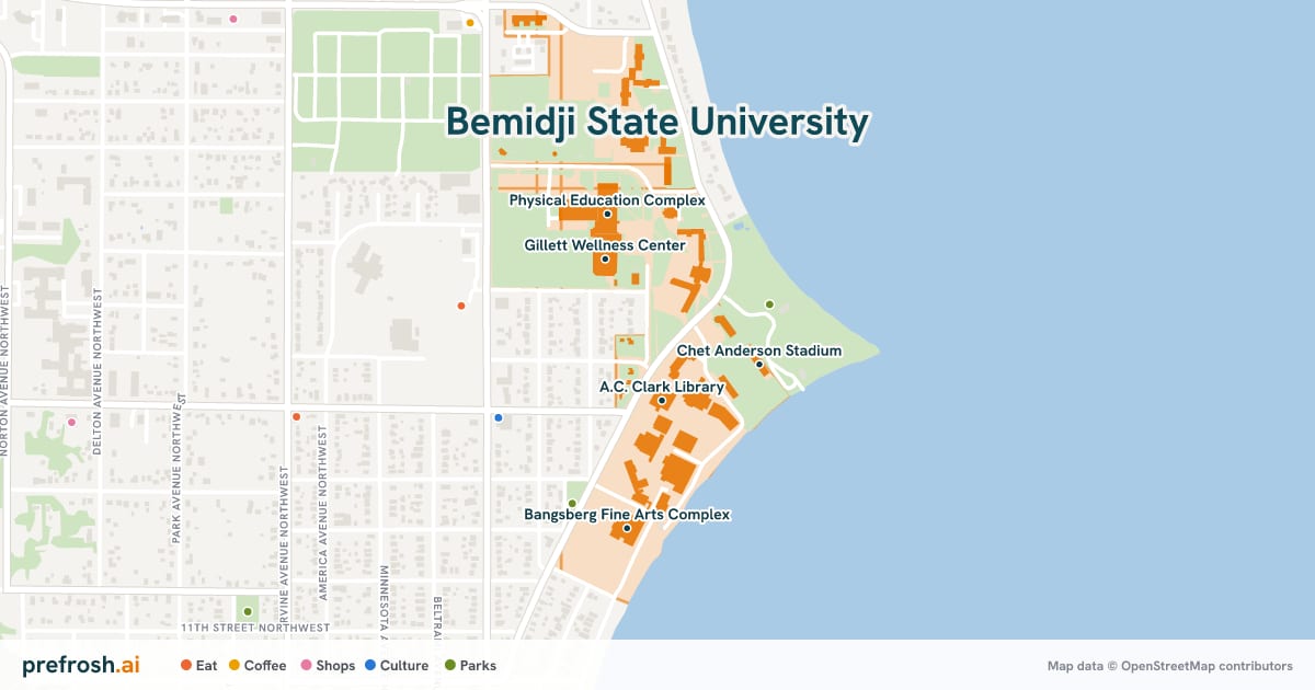 Campus map of Bemidji State University in Bemidji, MN, showing A.C. Clark Library, Gillett Wellness Center, Chet Anderson Stadium and Physical Education Complex, with nearby restaurants, coffee and shops