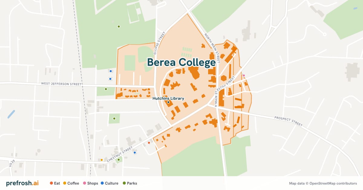 Campus map of Berea College in Berea, KY, showing Hutchins Library, with nearby restaurants, coffee and shops