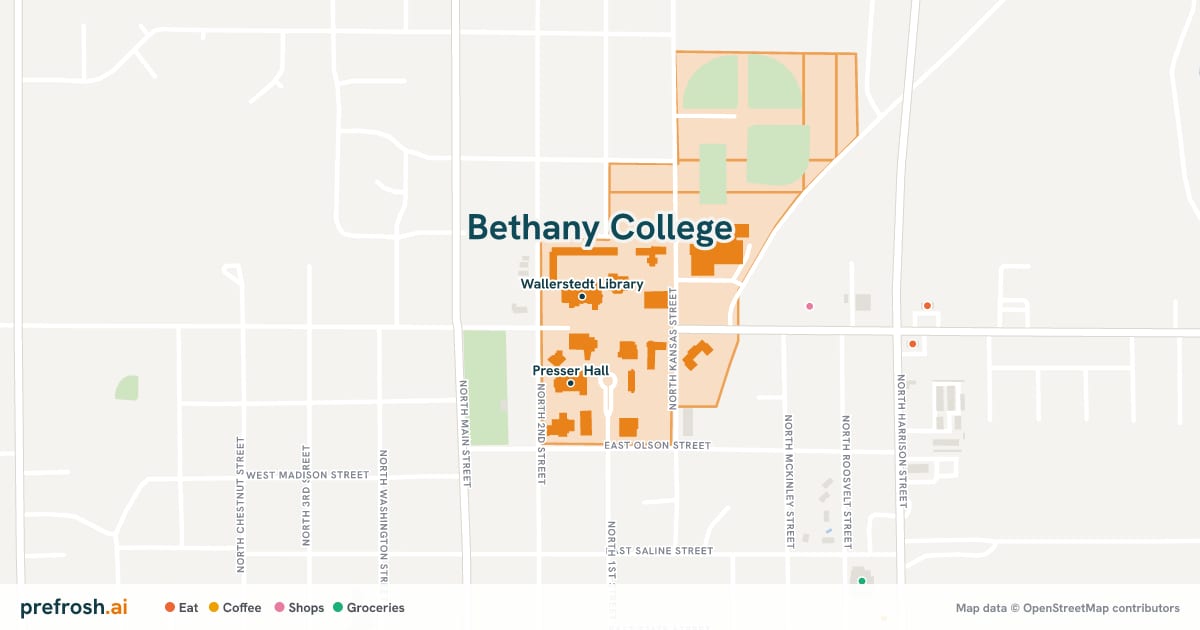 Campus map of Bethany College in Lindsborg, KS, showing Wallerstedt Library and Presser Hall, with nearby restaurants, coffee and shops