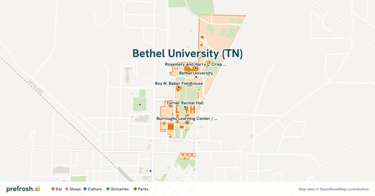 Campus map of Bethel University (TN) in McKenzie, TN, showing Turner Recital Hall, Roy N. Baker Fieldhouse, Bethel University and Burroughs Learning Center / Library, with nearby restaurants, coffee and shops