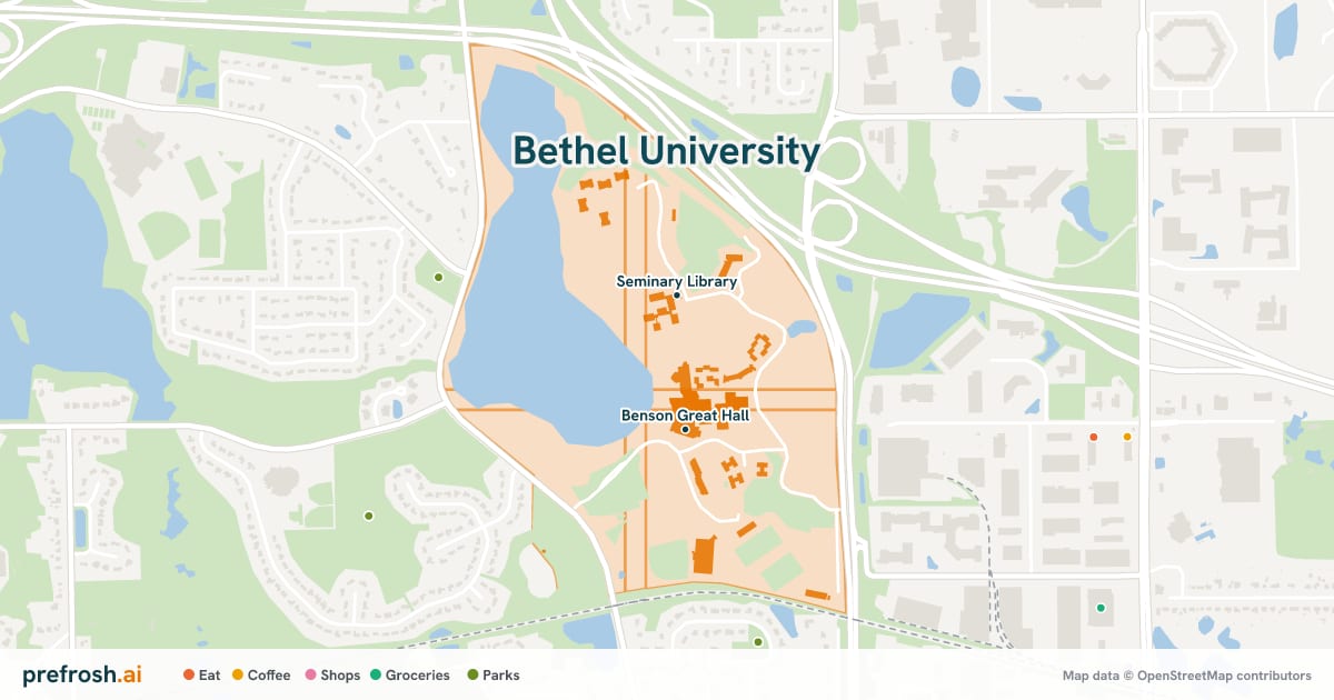 Campus map of Bethel University in St. Paul, MN, showing Seminary Library and Benson Great Hall, with nearby restaurants, coffee and shops