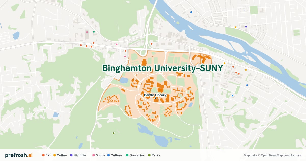 Campus map of Binghamton University–SUNY in Binghamton, NY, showing Bartle Library, with nearby restaurants, coffee and shops