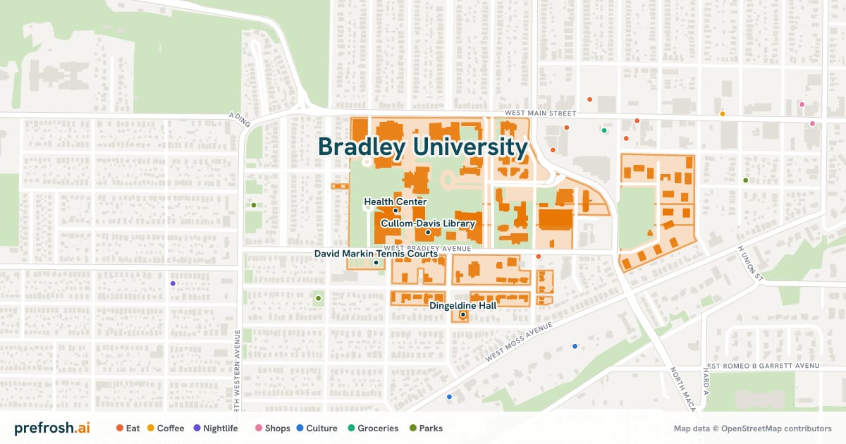 Campus map of Bradley University in Peoria, IL, showing Cullom-Davis Library, Health Center, Markin Family Student Recreation Center and Wellness & Counseling Center, with nearby restaurants, coffee and shops