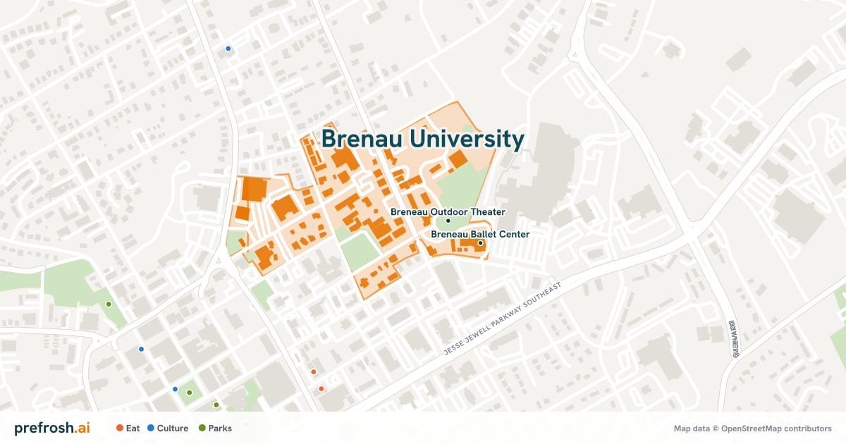 Campus map of Brenau University in Gainesville, GA, showing Breneau Outdoor Theater and Breneau Athletes Artwork, with nearby restaurants, coffee and shops