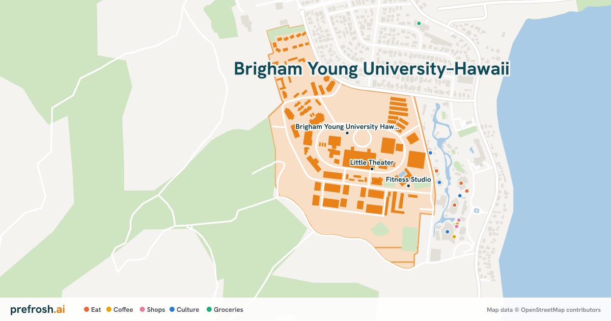 Campus map of Brigham Young University–Hawaii in Laie, HI, showing Little Theater, David O Mckay Auditorium and Brigham Young University Hawaii, with nearby restaurants, coffee and shops