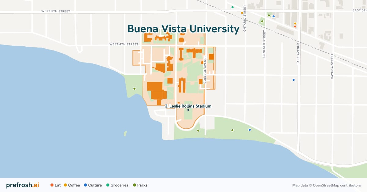 Campus map of Buena Vista University in Storm Lake, IA, showing J. Leslie Rollins Stadium, with nearby restaurants, coffee and shops