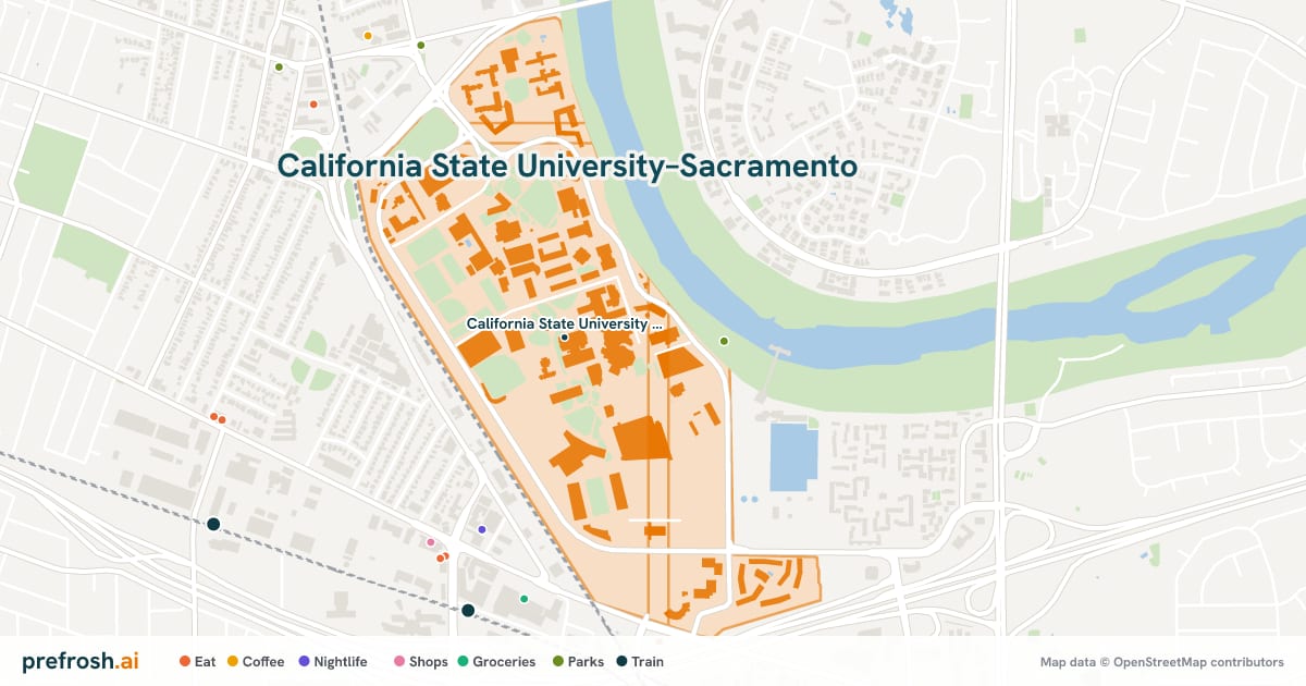 Campus map of California State University–Sacramento in Sacramento, CA, showing California State University - Sacramento, with nearby restaurants, coffee and shops