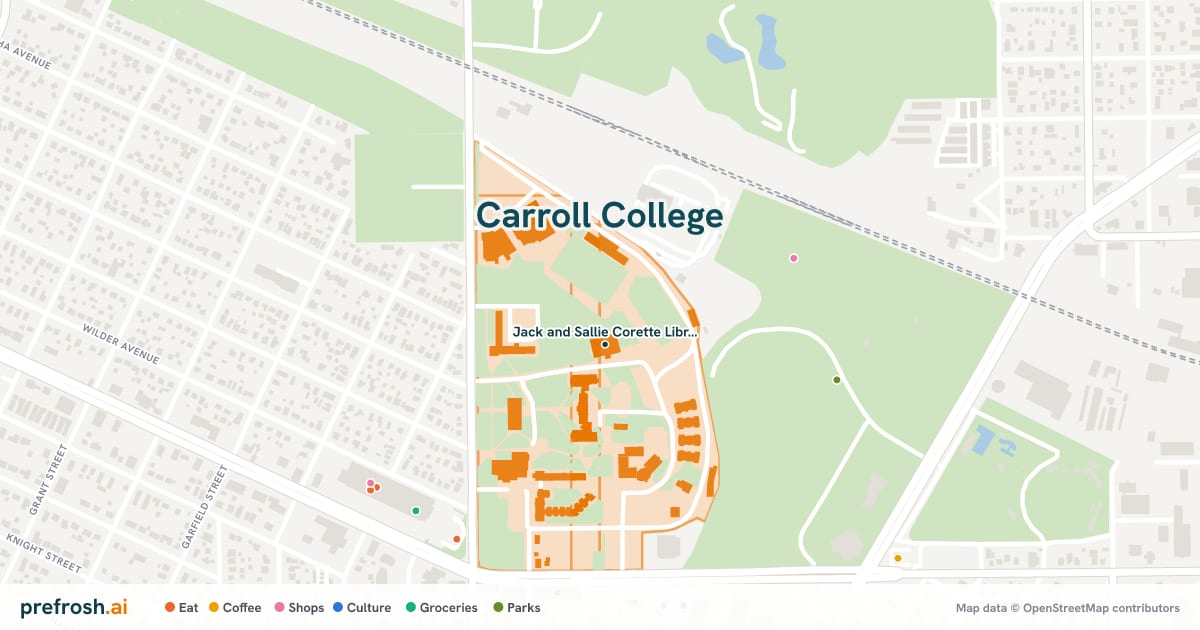Campus map of Carroll College in Helena, MT, showing Jack and Sallie Corette Library, with nearby restaurants, coffee and shops