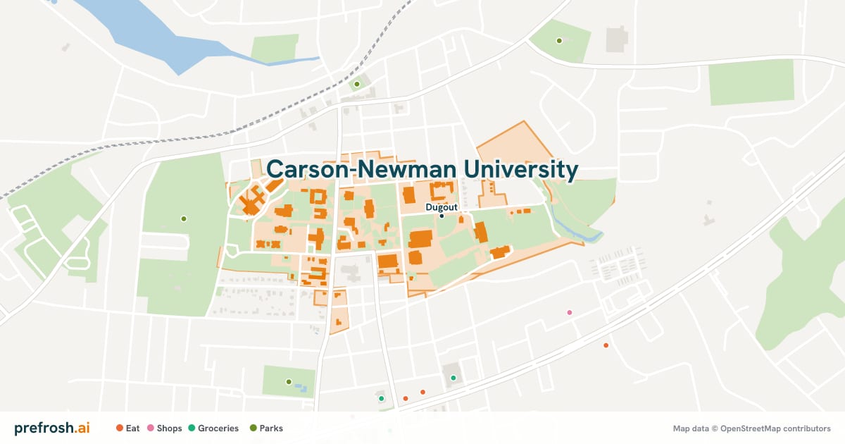 Campus map of Carson-Newman University in Jefferson City, TN, showing Dugout, with nearby restaurants, coffee and shops