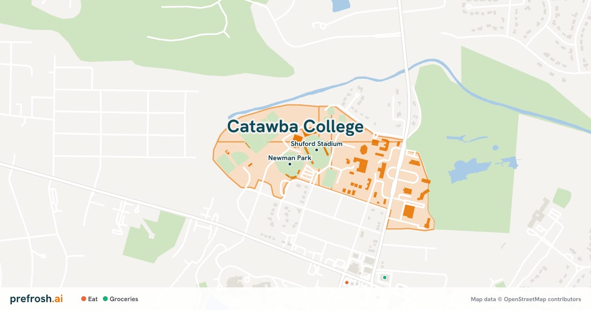 Campus map of Catawba College in Salisbury, NC, showing Newman Park and Shuford Stadium, with nearby restaurants, coffee and shops