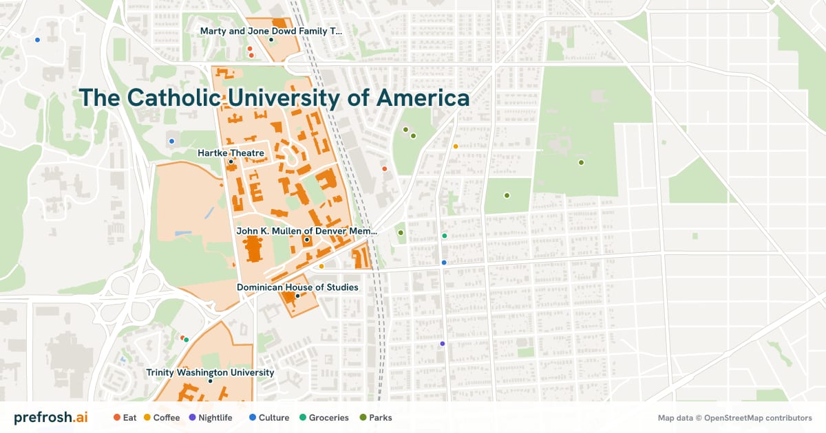 Campus map of The Catholic University of America in Washington, DC, showing John K. Mullen of Denver Memorial Library, Hartke Theatre, Dominican House of Studies and Only Make Believe, with nearby restaurants, coffee and shops
