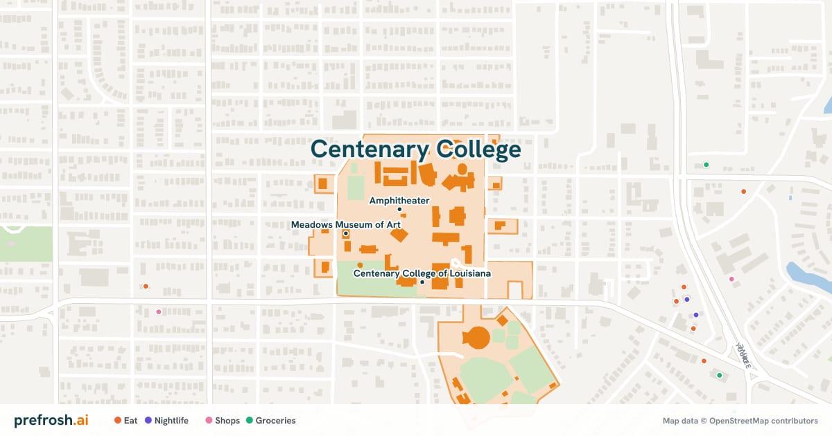Campus map of Centenary College in Shreveport, LA, showing Amphitheater, Magdale Library and Centenary College of Louisiana, with nearby restaurants, coffee and shops