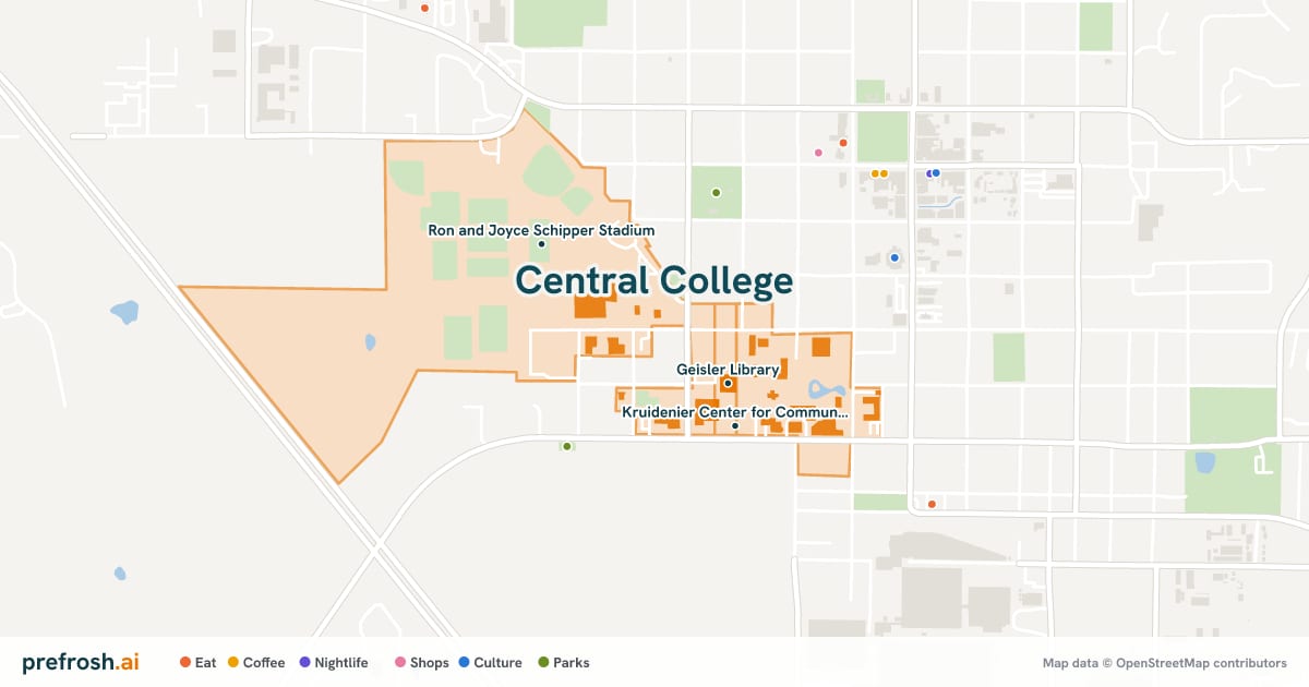 Campus map of Central College in Pella, IA, showing P H Kuyper Gymnasium, Schipper Fitness Center and Geisler Library, with nearby restaurants, coffee and shops