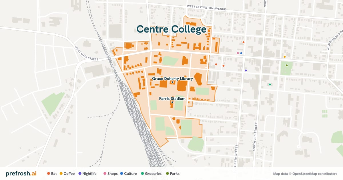 Campus map of Centre College in Danville, KY, showing Grace Doherty Library and Farris Stadium, with nearby restaurants, coffee and shops