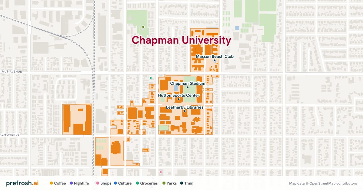 Campus map of Chapman University in Orange, CA, showing Hutton Sports Center, Chapman Stadium, Leatherby Libraries and Rinker Law Library, with nearby restaurants, coffee and shops
