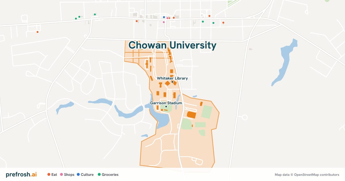 Campus map of Chowan University in Murfreesboro, NC, showing Whitaker Library and Garrison Stadium, with nearby restaurants, coffee and shops
