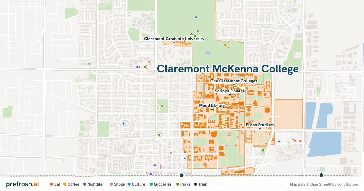 Campus map of Claremont McKenna College in Claremont, CA, showing Scripps College, Denison Library, The Claremont Colleges and Harvey Mudd College, with nearby restaurants, coffee and shops
