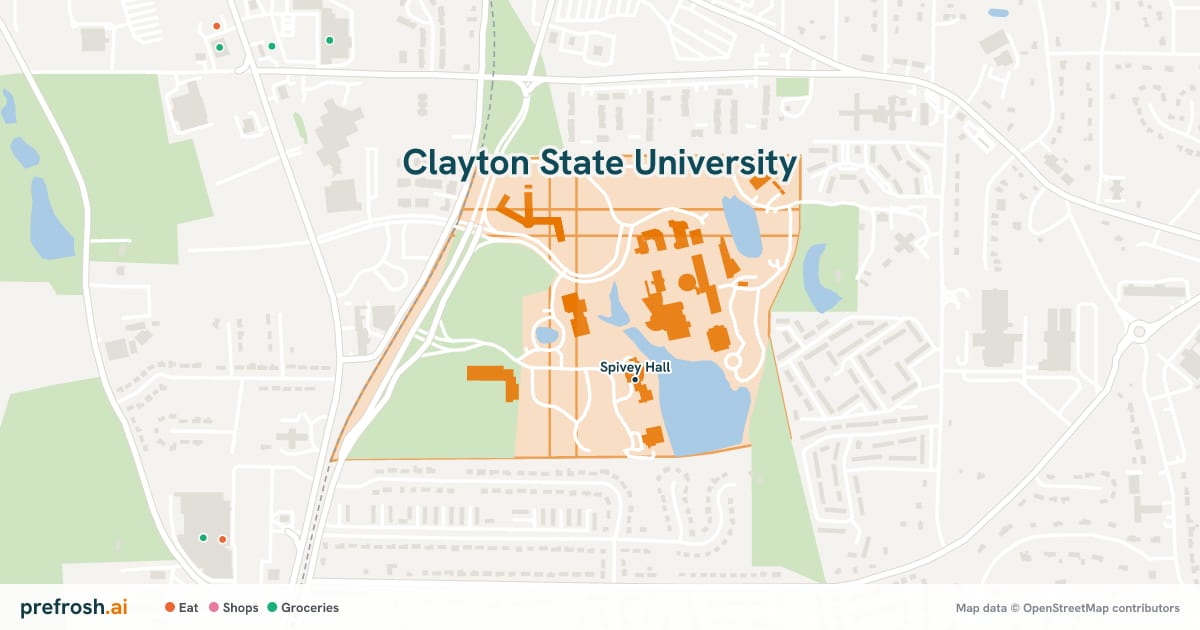 Campus map of Clayton State University in Morrow, GA, showing Spivey Hall, with nearby restaurants, coffee and shops