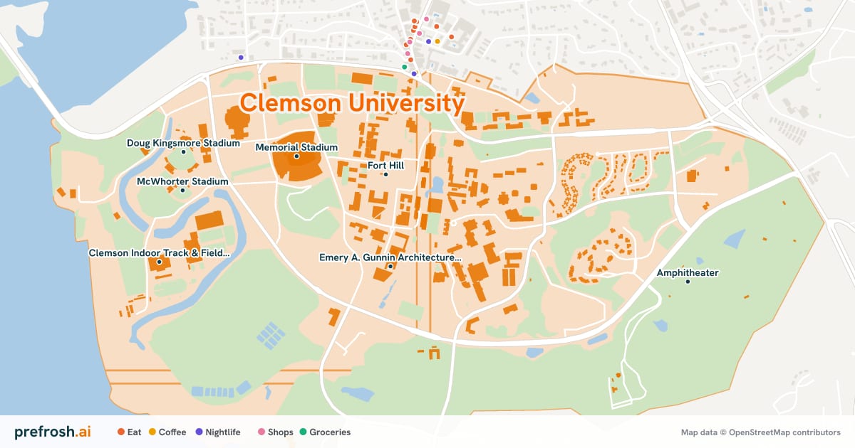 Campus map of Clemson University in Clemson, SC, showing Emery A. Gunnin Architecture Library, Fort Hill, Memorial Stadium and Brooks Theater, with nearby restaurants, coffee and shops