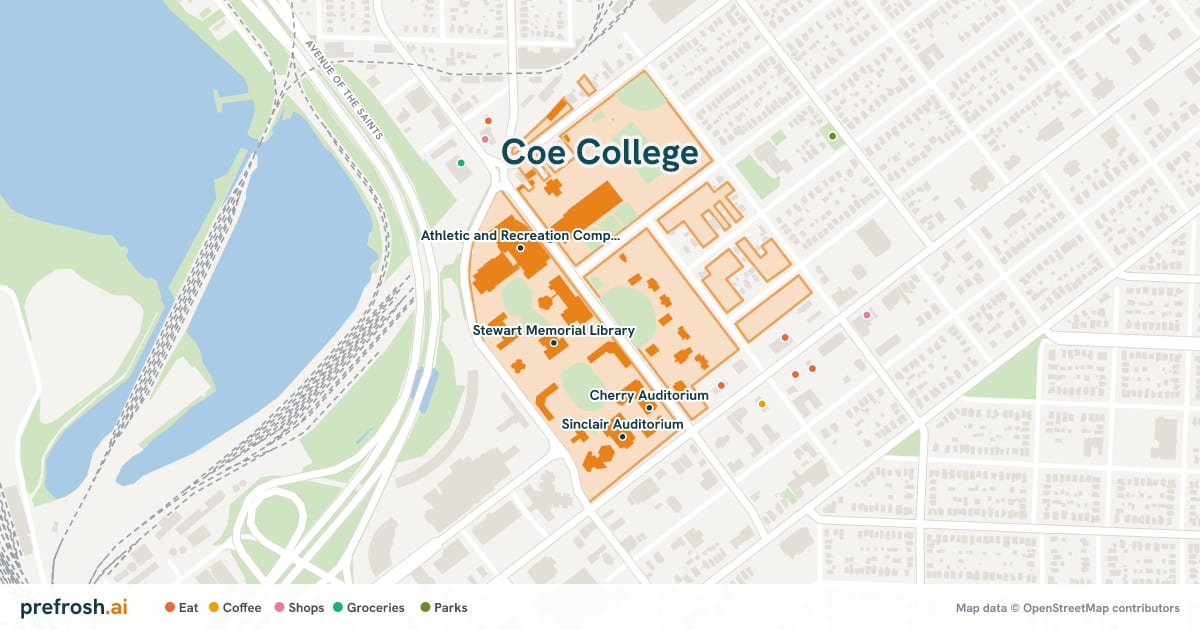 Campus map of Coe College in Cedar Rapids, IA, showing Stewart Memorial Library, Athletic and Recreation Complex & Kohawk Arena, Cherry Auditorium and Sinclair Auditorium, with nearby restaurants, coffee and shops